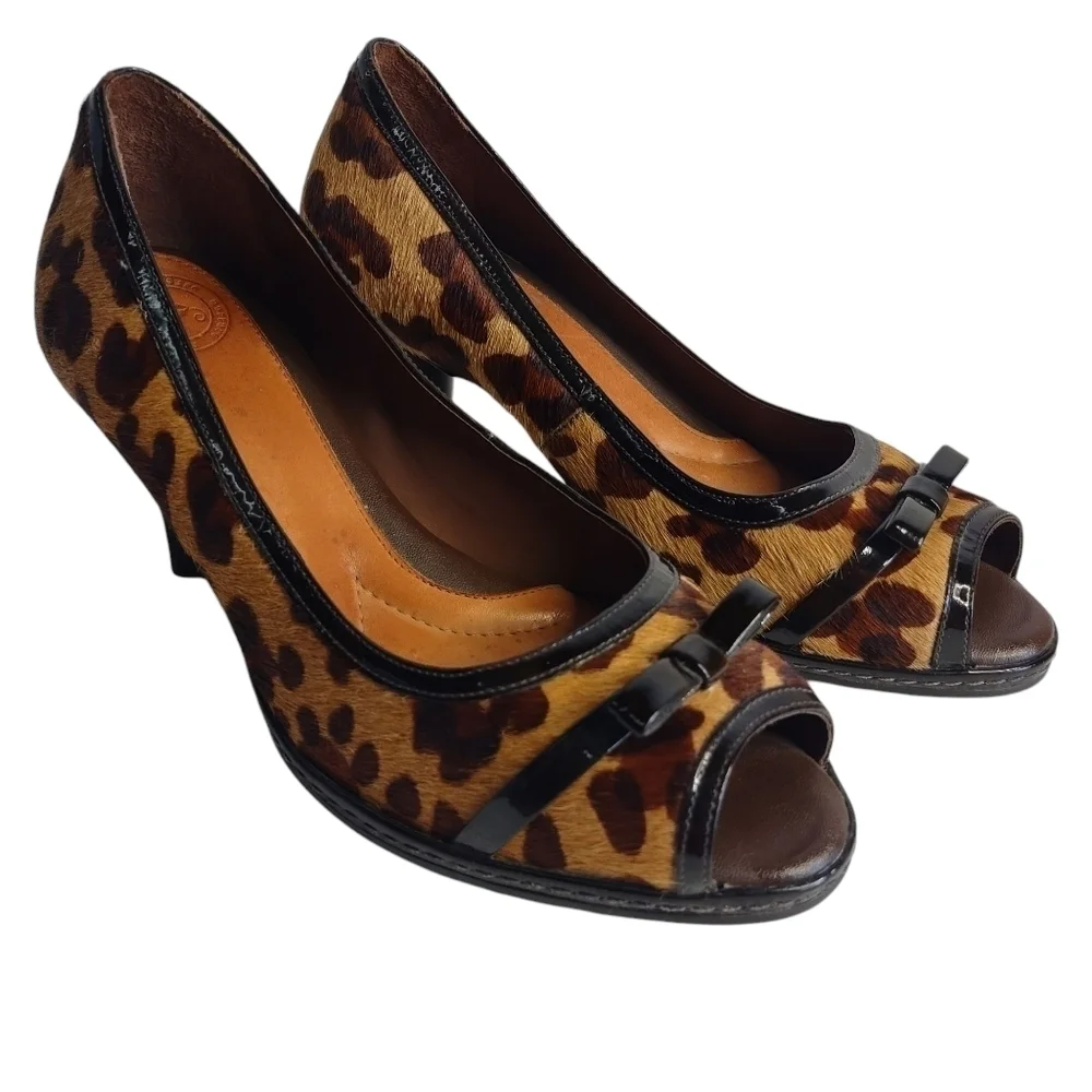 Nurture Women's Leather Calf fur Leopard Peep Toe Pumps Heels Shoes Sz 7.5M